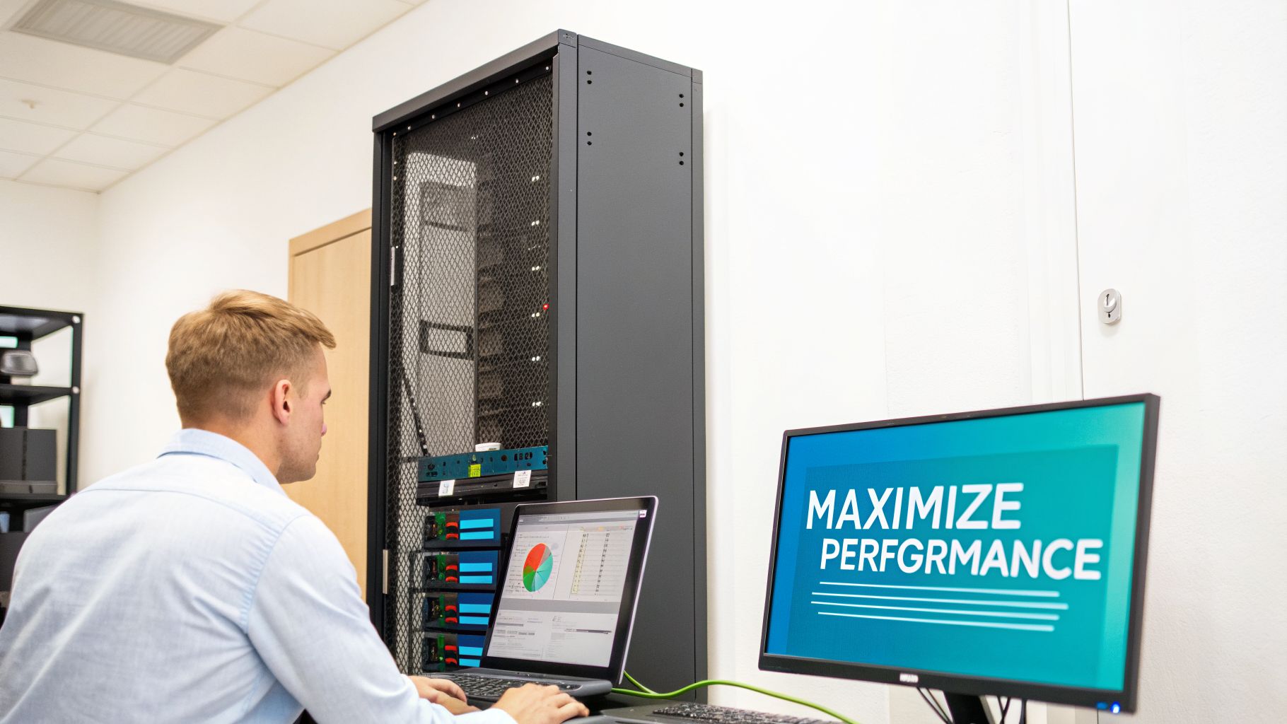 A network engineer monitors systems on a laptop and screen, emphasizing 'Maximize Performance' near a server rack.