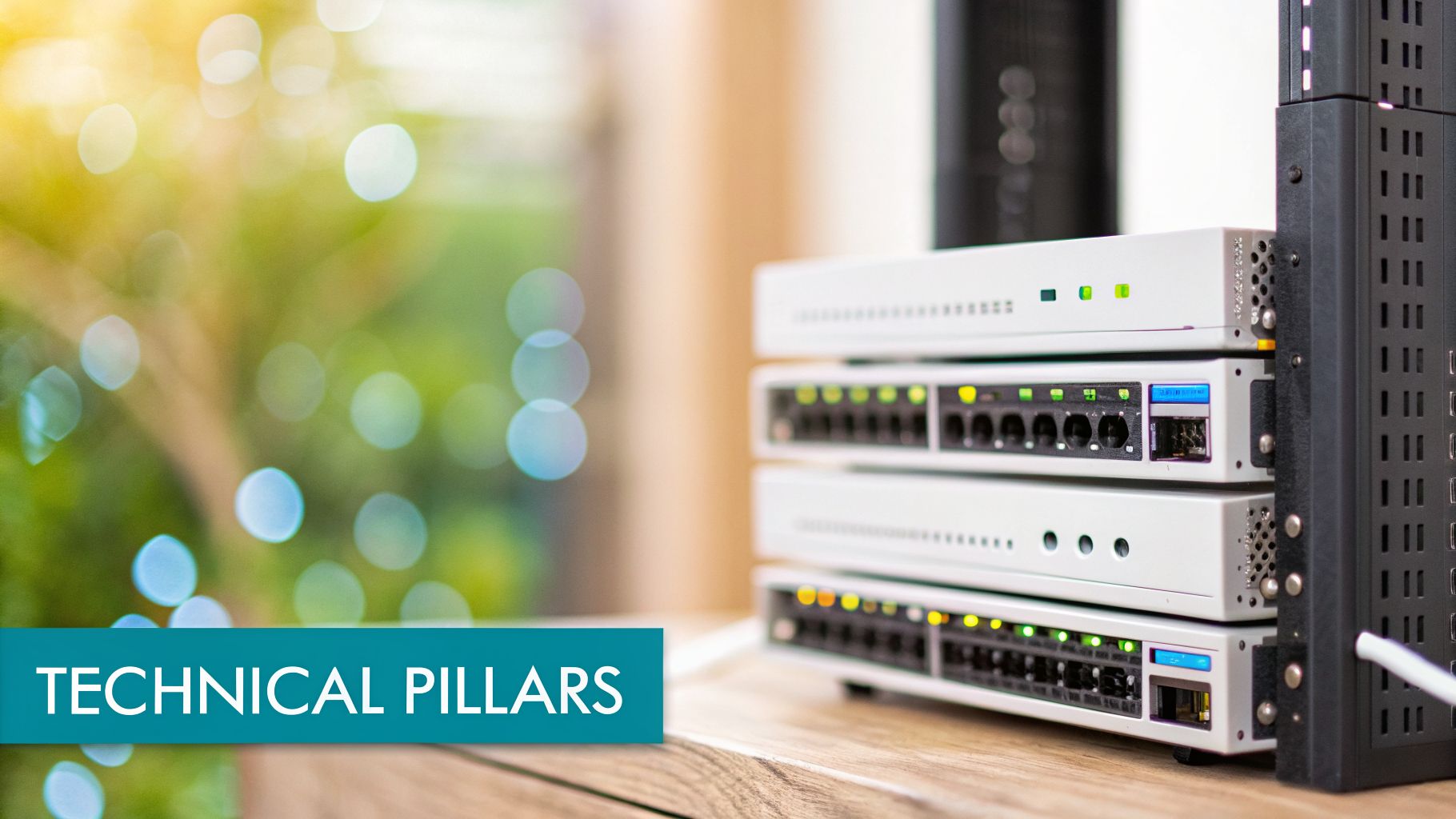 Stack of white network switches and routers with indicator lights on a wooden table beside a server rack.
