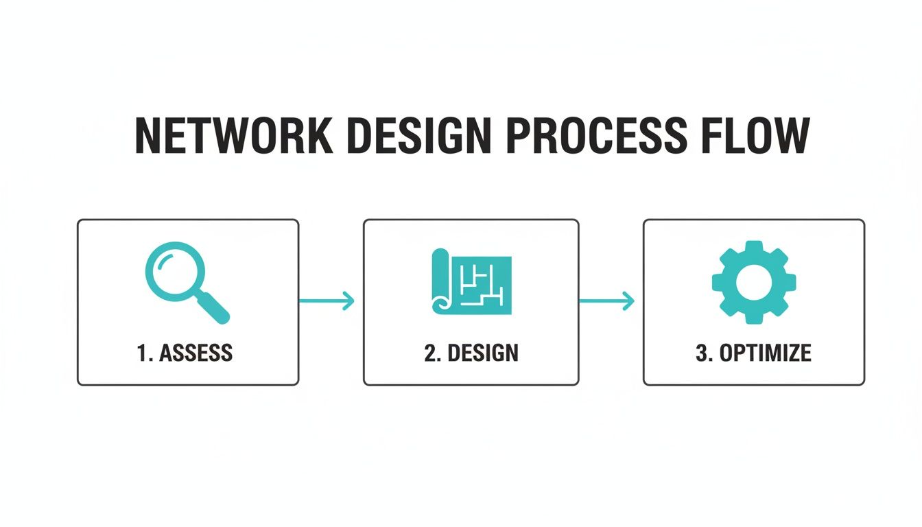 A diagram illustrating the network design process flow with three sequential steps: Assess, Design, and Optimize.