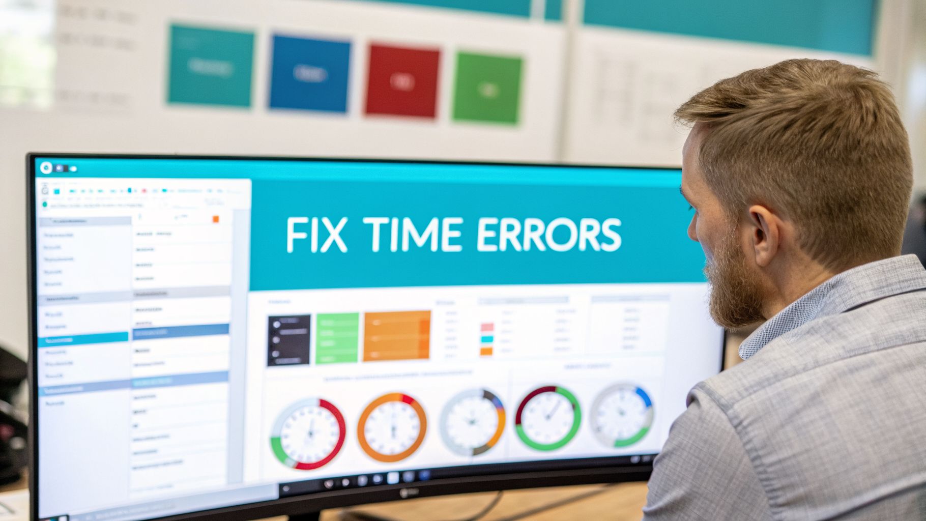 A man focuses on a computer screen displaying 'FIX TIME ERRORS' and related data, likely for server management.