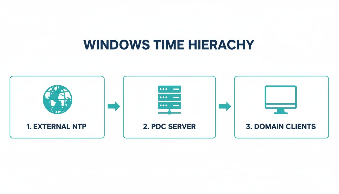 Diagram showing Windows time hierarchy: External NTP synchronizes with PDC server, which then synchronizes domain clients.