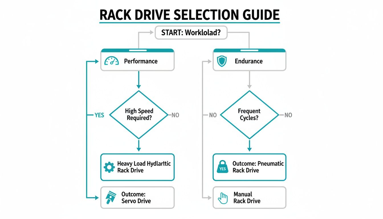 Flowchart for rack drive selection, guiding choices based on performance, speed, endurance, and cycles.