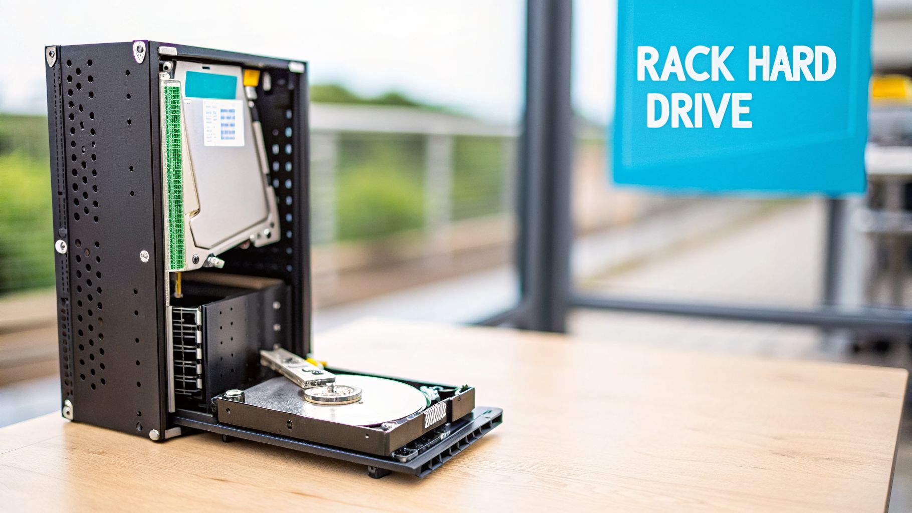 A rack-mounted computer case with an open hard drive bay and a hard drive partially inserted on a wooden table.