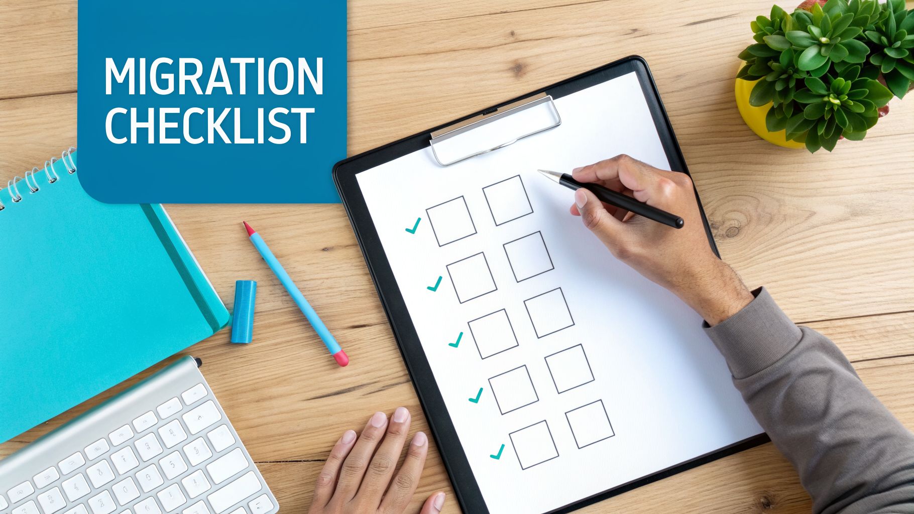 Hands checking off items on a "Migration Checklist" on a clipboard, surrounded by office supplies.