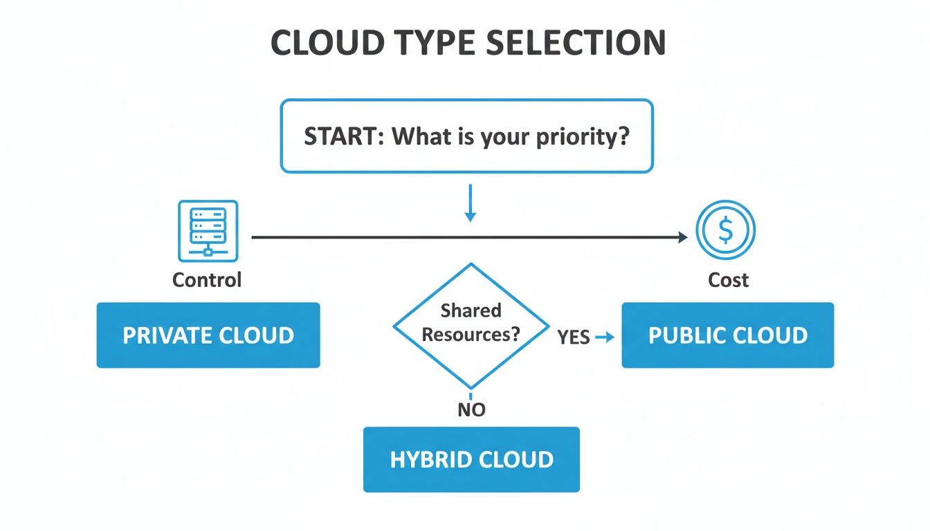 A flowchart for cloud type selection, guiding decisions based on control, cost, and shared resources.
