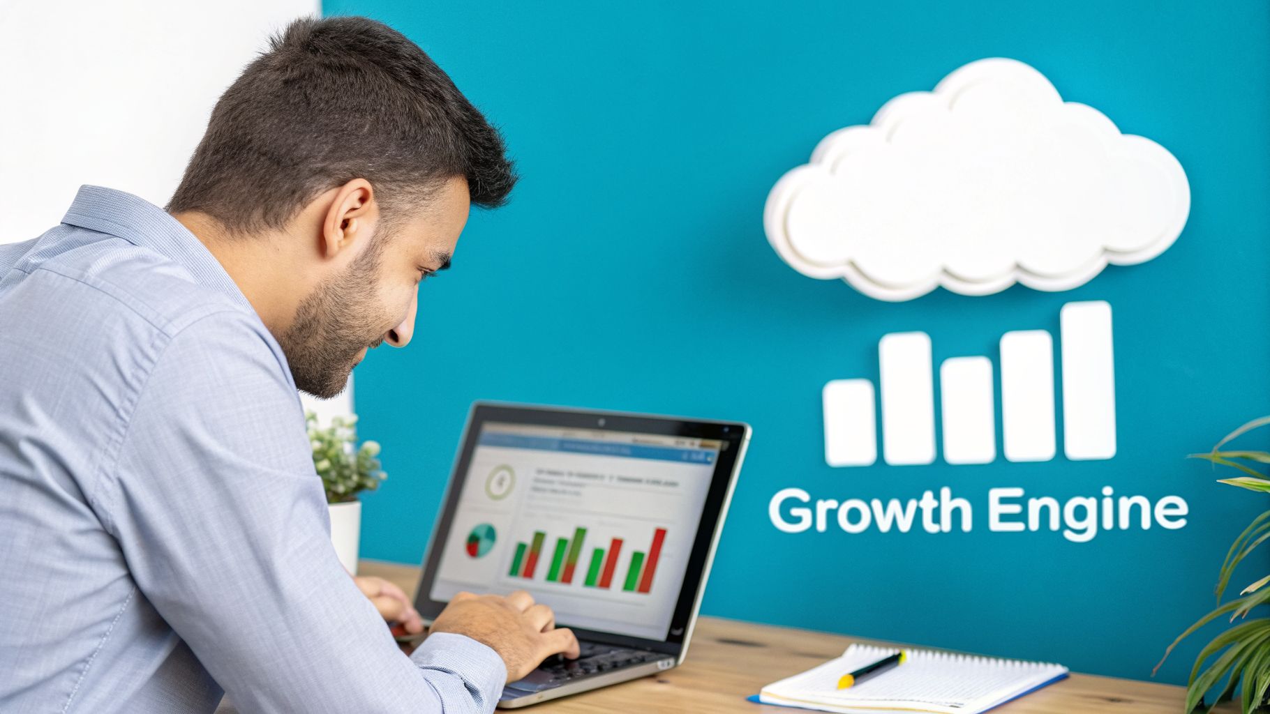 Businessman analyzing growth charts on a laptop, with a "Growth Engine" cloud solution wall behind him.
