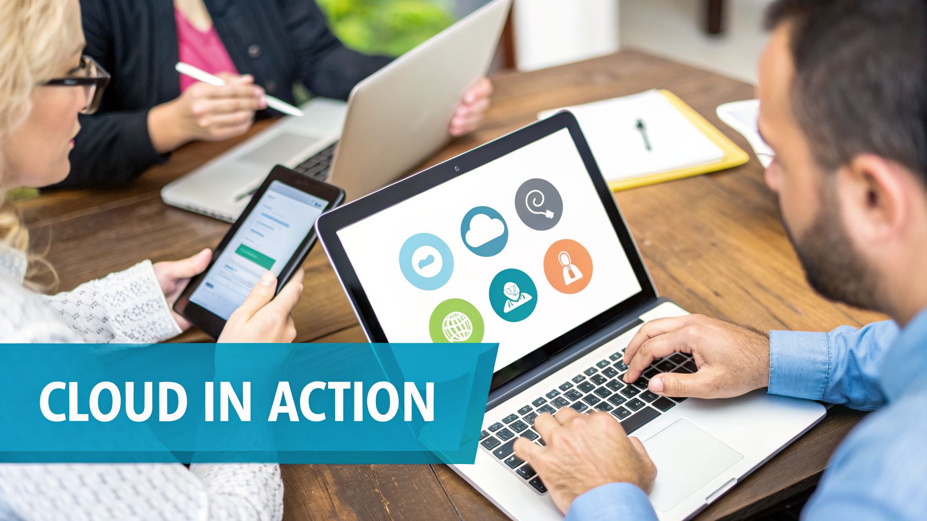 Three professionals collaborate with laptops and tablets, showcasing various cloud solution icons.