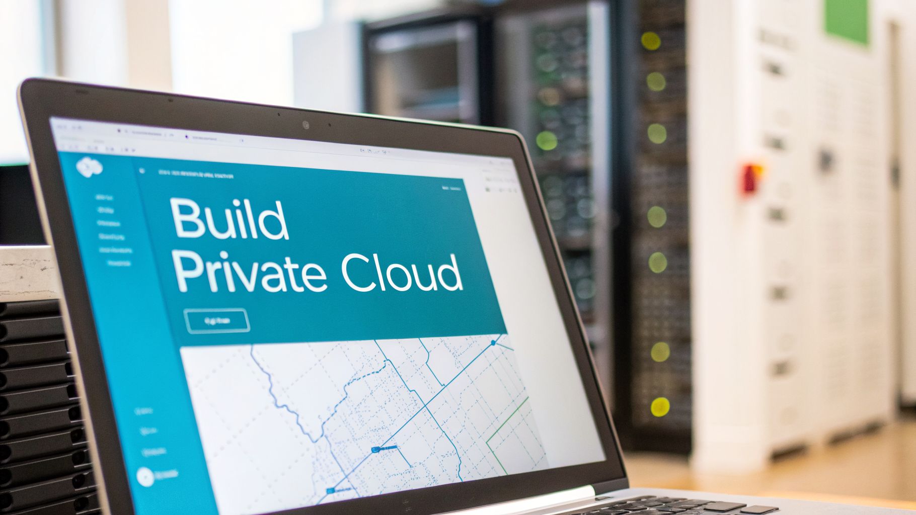 A laptop displays 'Build Private Cloud' on its screen in a data center with server racks.