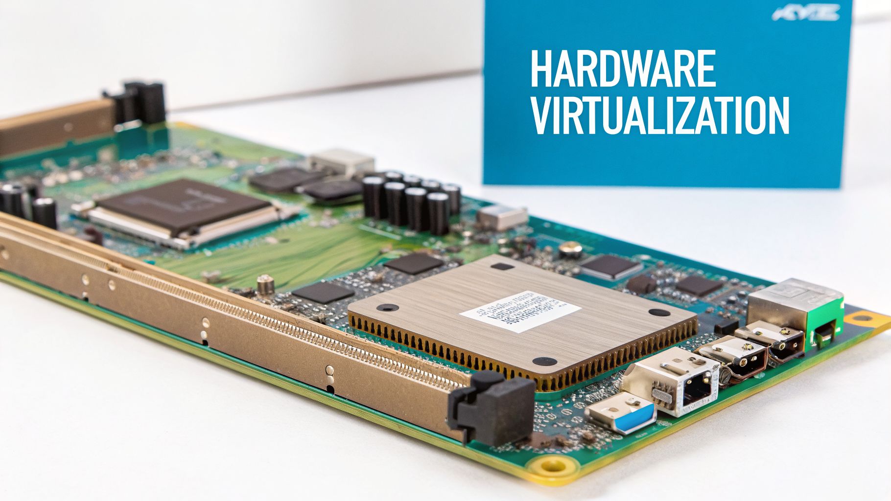 A detailed view of a green circuit board with chips and ports, alongside a 'Hardware Virtualization' sign.
