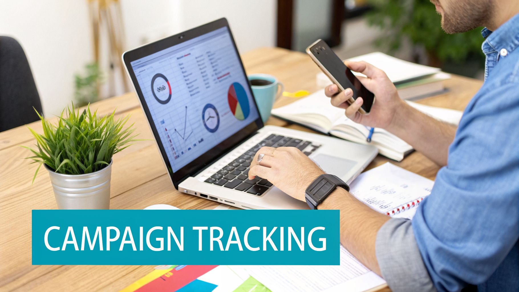 A person tracking campaign performance on a laptop and smartphone, with charts and graphs visible on the screen.