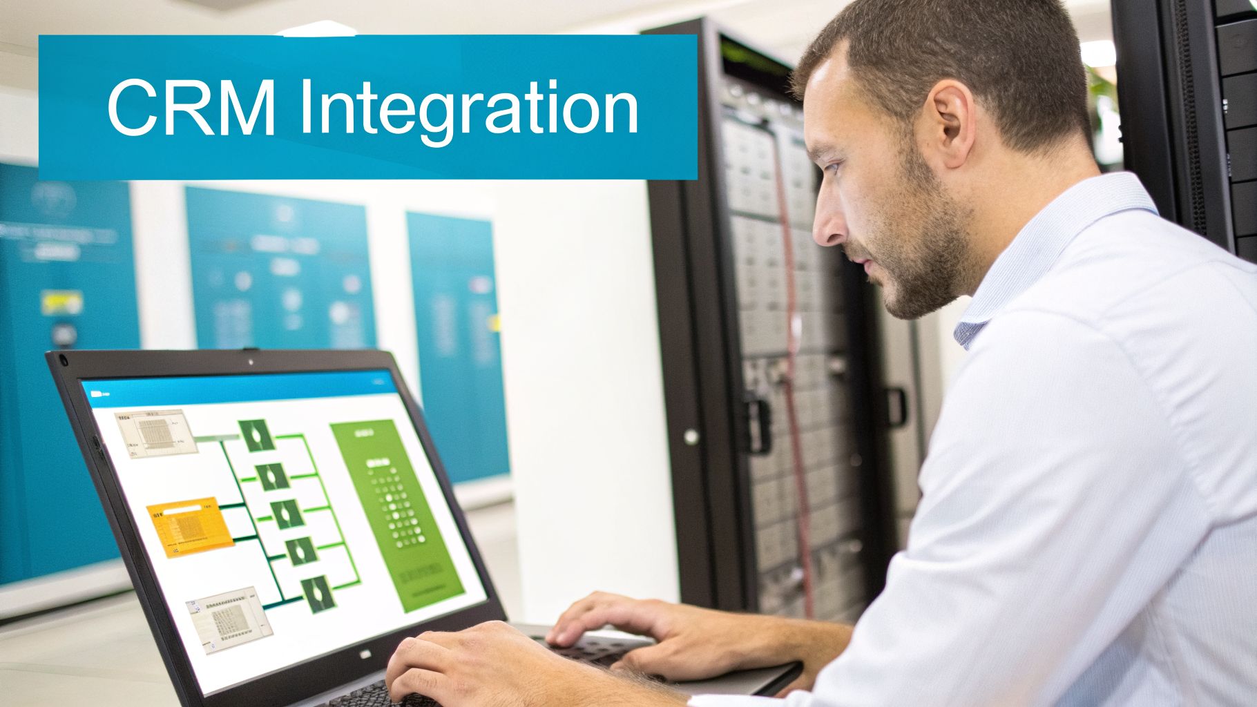 A man works on a laptop displaying a CRM integration diagram in a data center.