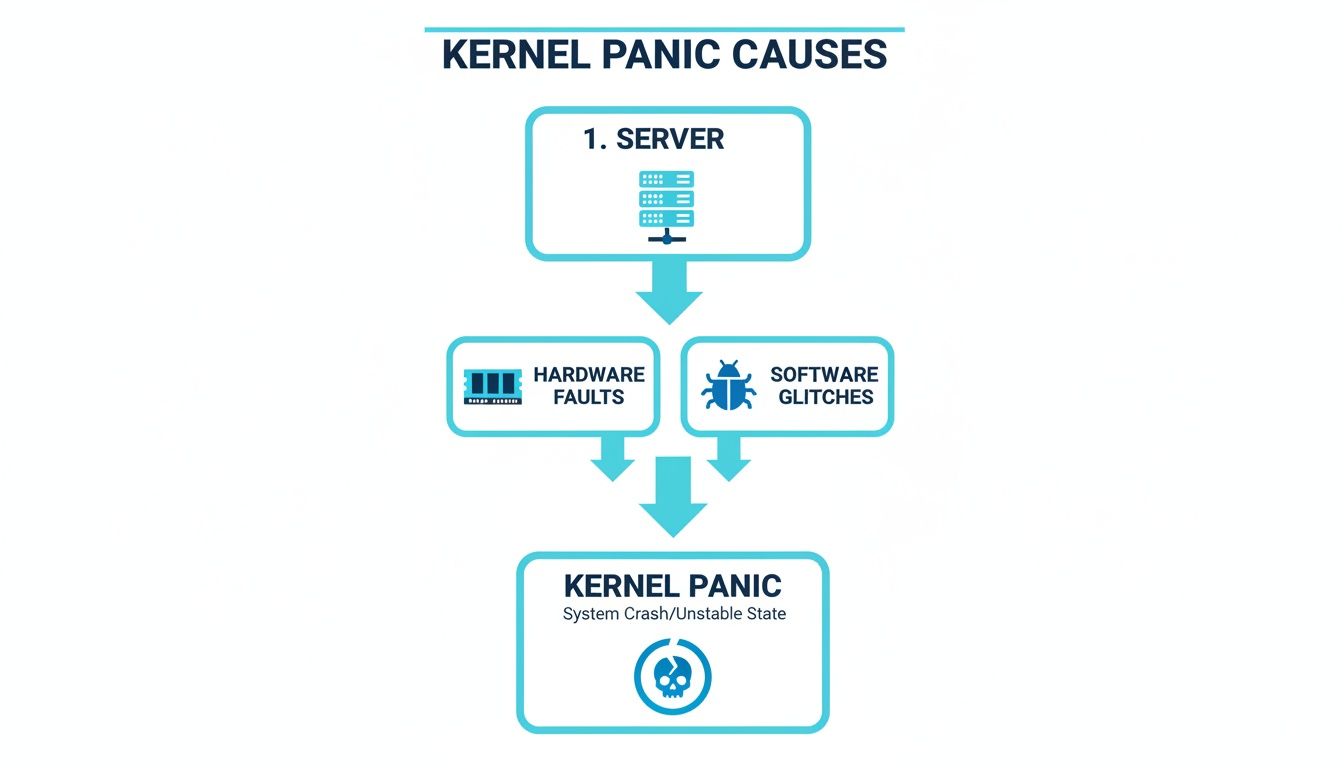 Flowchart illustrating causes of kernel panic: server issues lead to hardware faults or software glitches.