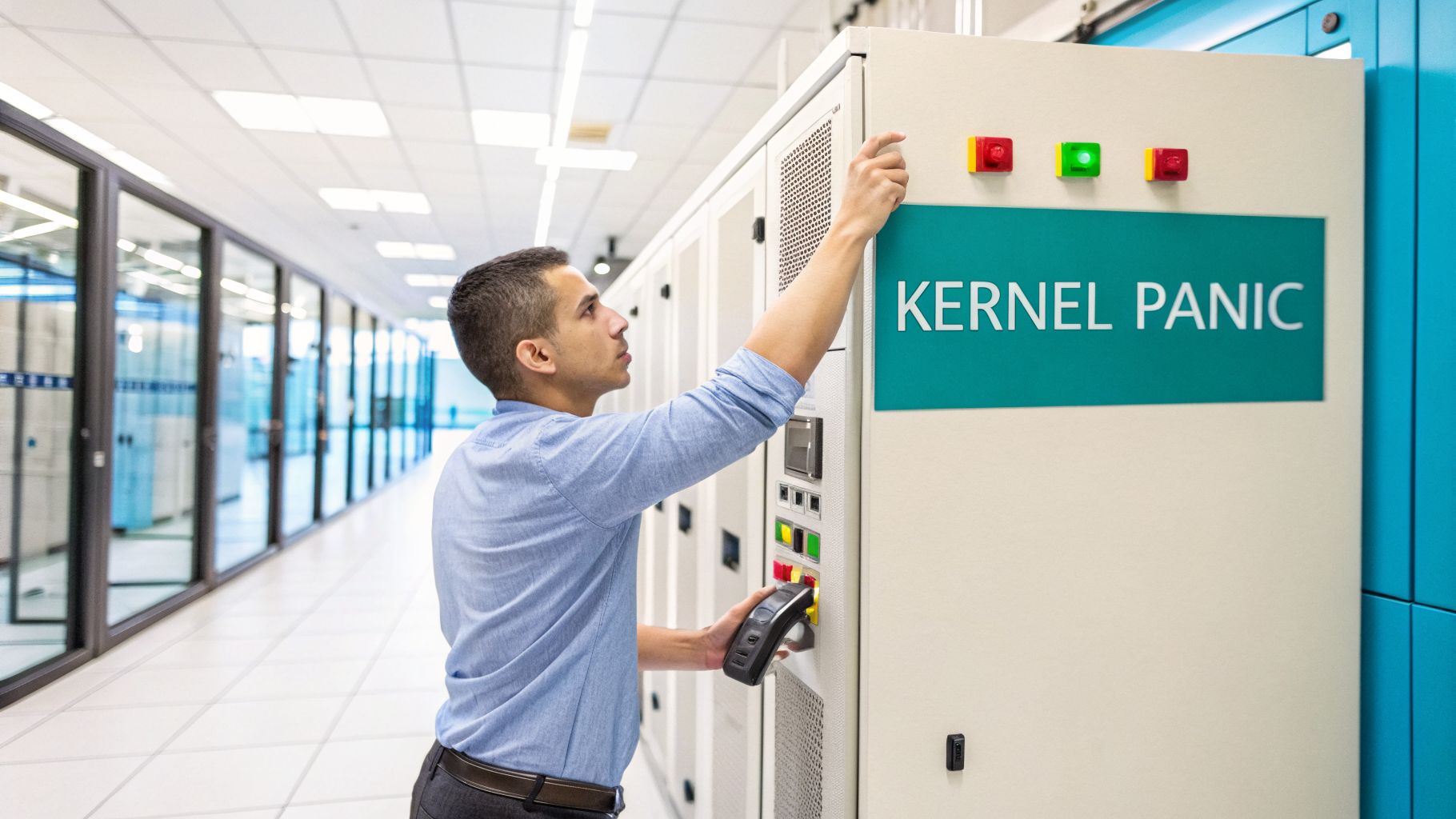 Young IT professional troubleshooting a server displaying "KERNEL PANIC" in a modern data center.