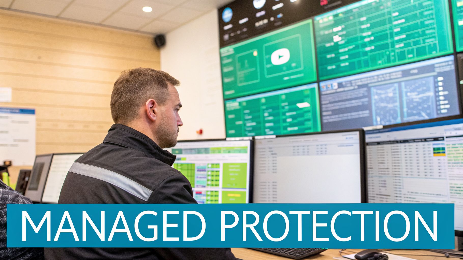 Operator in a control room monitoring multiple screens with data, surveillance feeds, and managed protection systems.