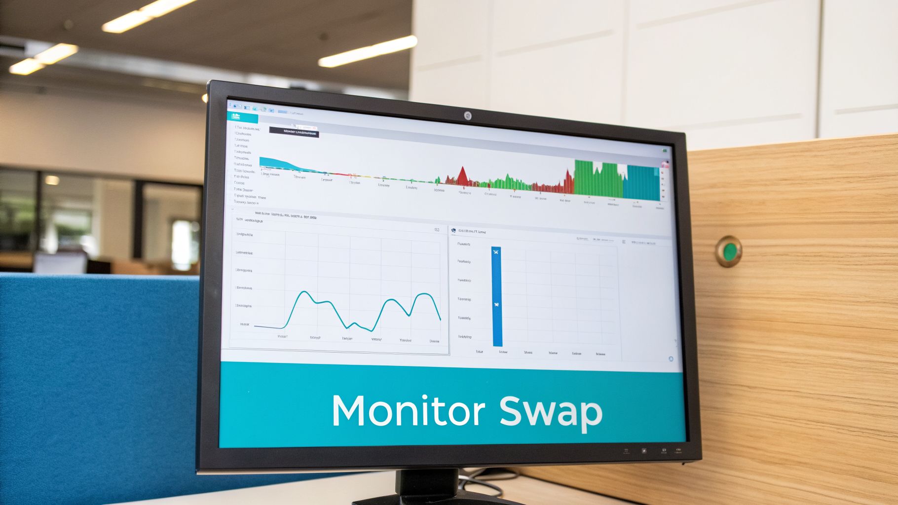 A computer monitor displays data analytics graphs and charts, with 'Monitor Swap' text on screen.
