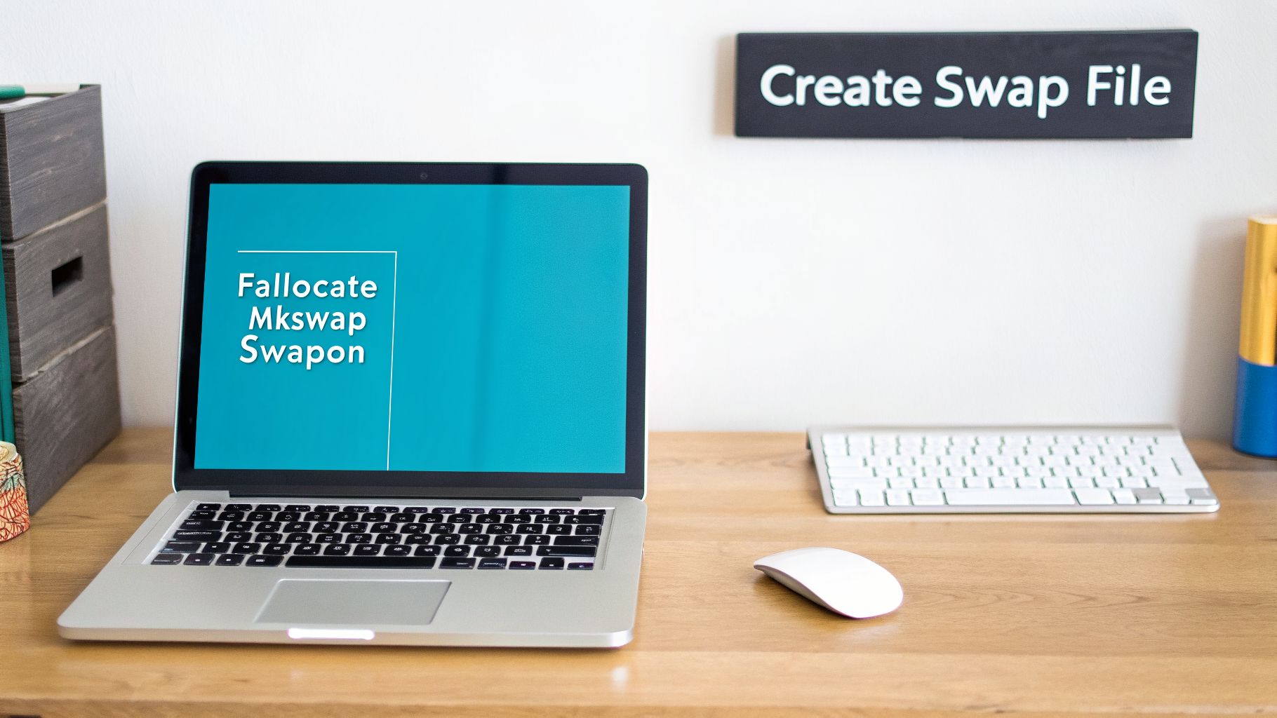 A laptop screen displays Linux commands for swap memory, with a 'Create Swap File' sign on the wall.
