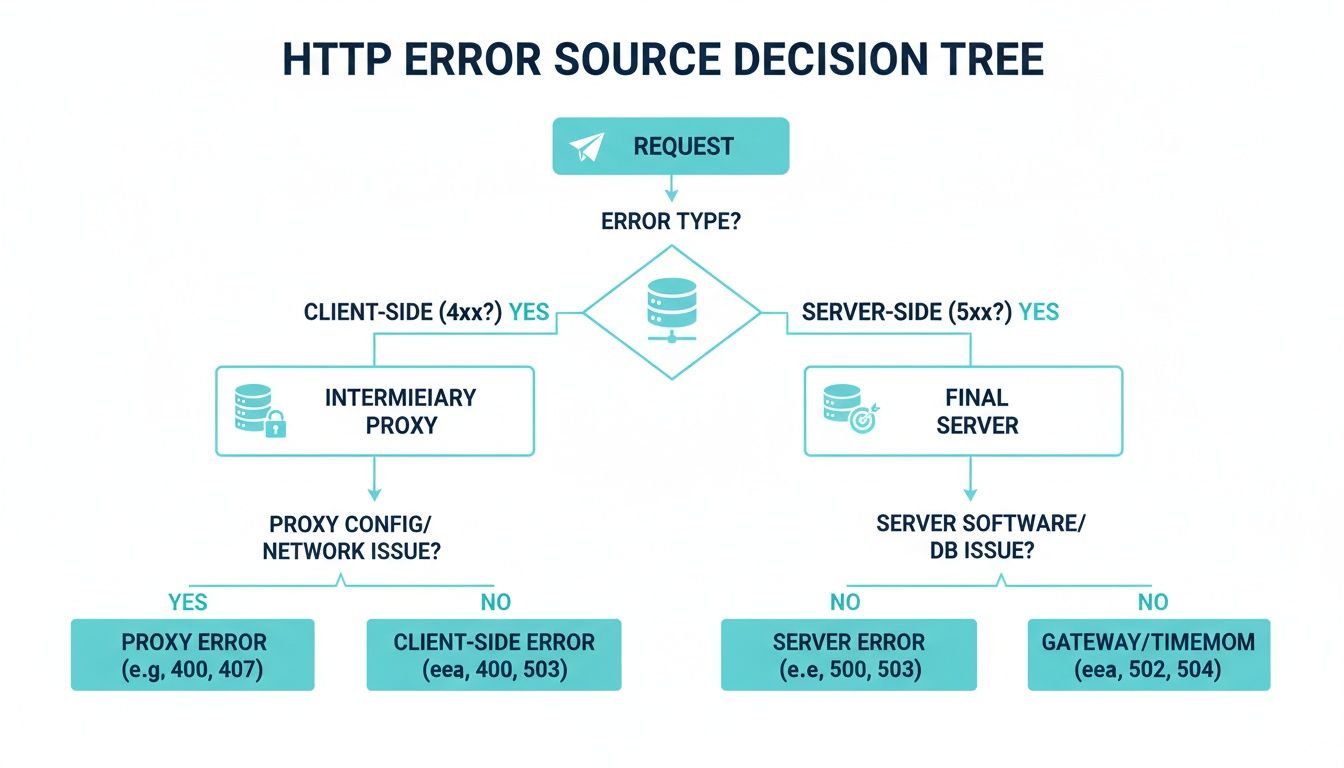 A decision tree flowchart for diagnosing HTTP error sources, categorizing them into client-side (4xx) or server-side (5xx) issues.