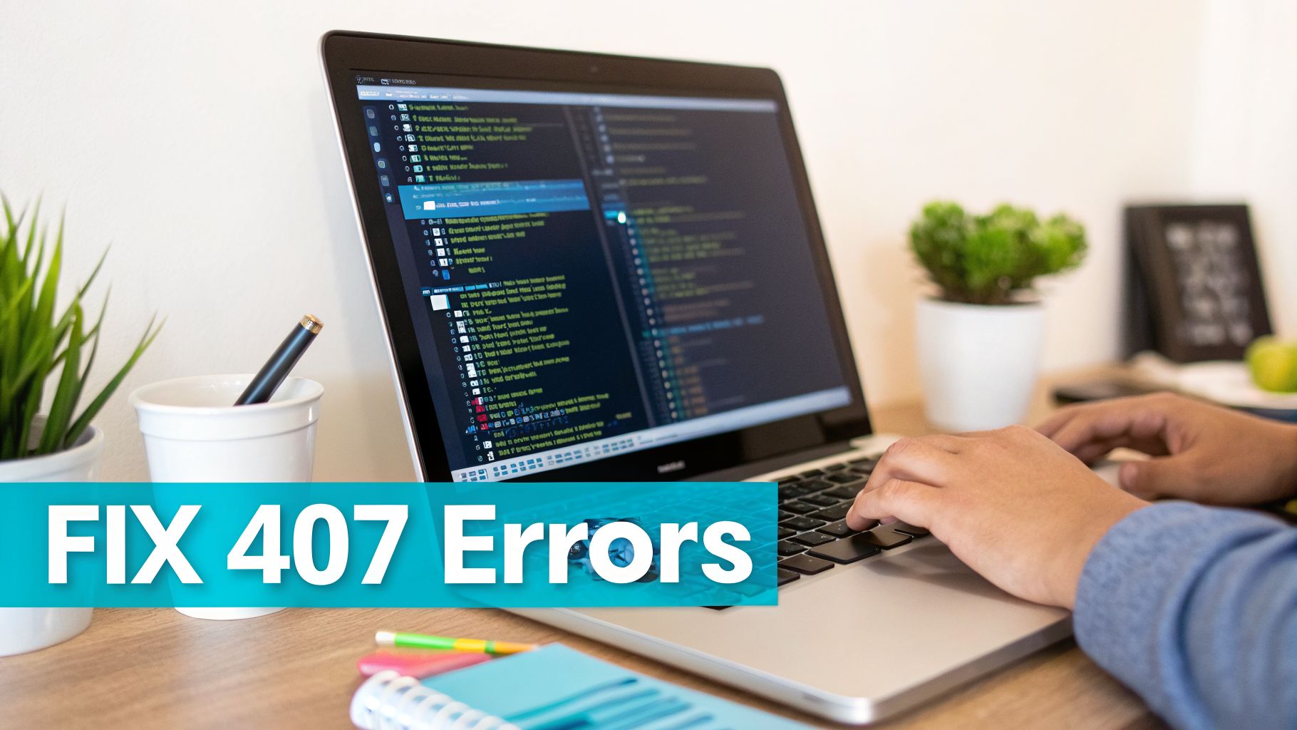 A person coding on a laptop, displaying "FIX 407 Errors" on a turquoise banner.