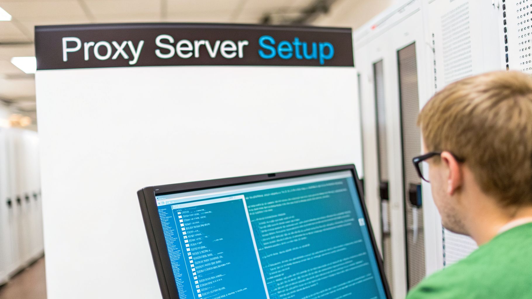 Technician with glasses configuring a proxy server on a computer, with server racks visible.