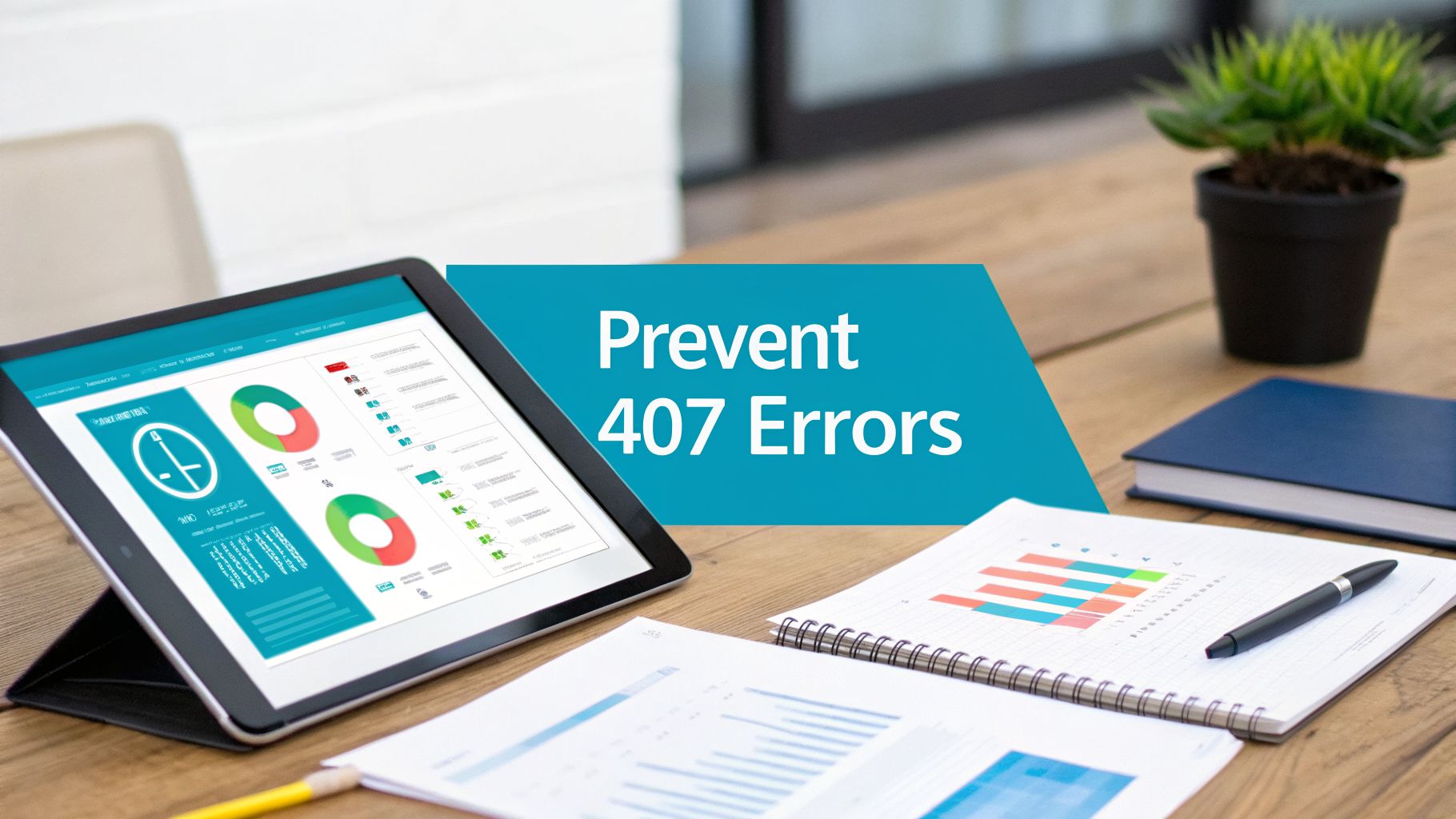 A tablet displaying charts and graphs, papers with data, a pen, and a plant on a wooden desk with a 'Prevent 407 Errors' banner.