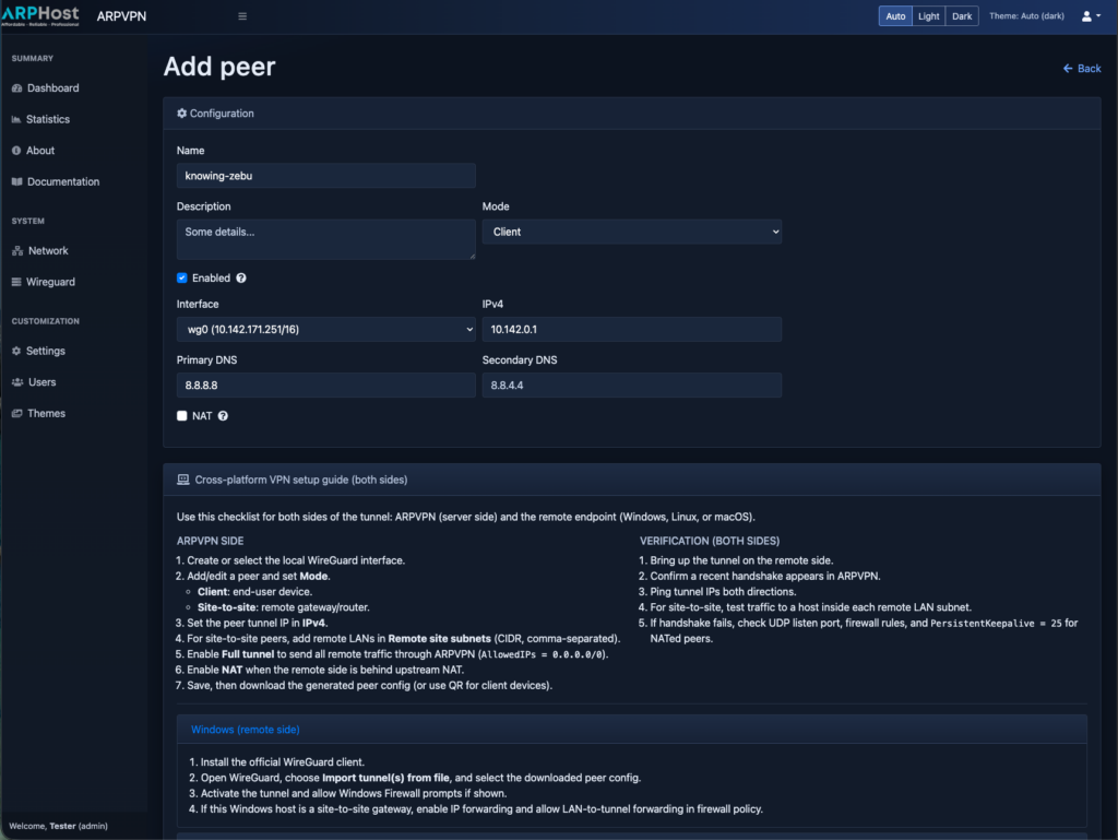 Adding a VPN peer in ARPVPN
