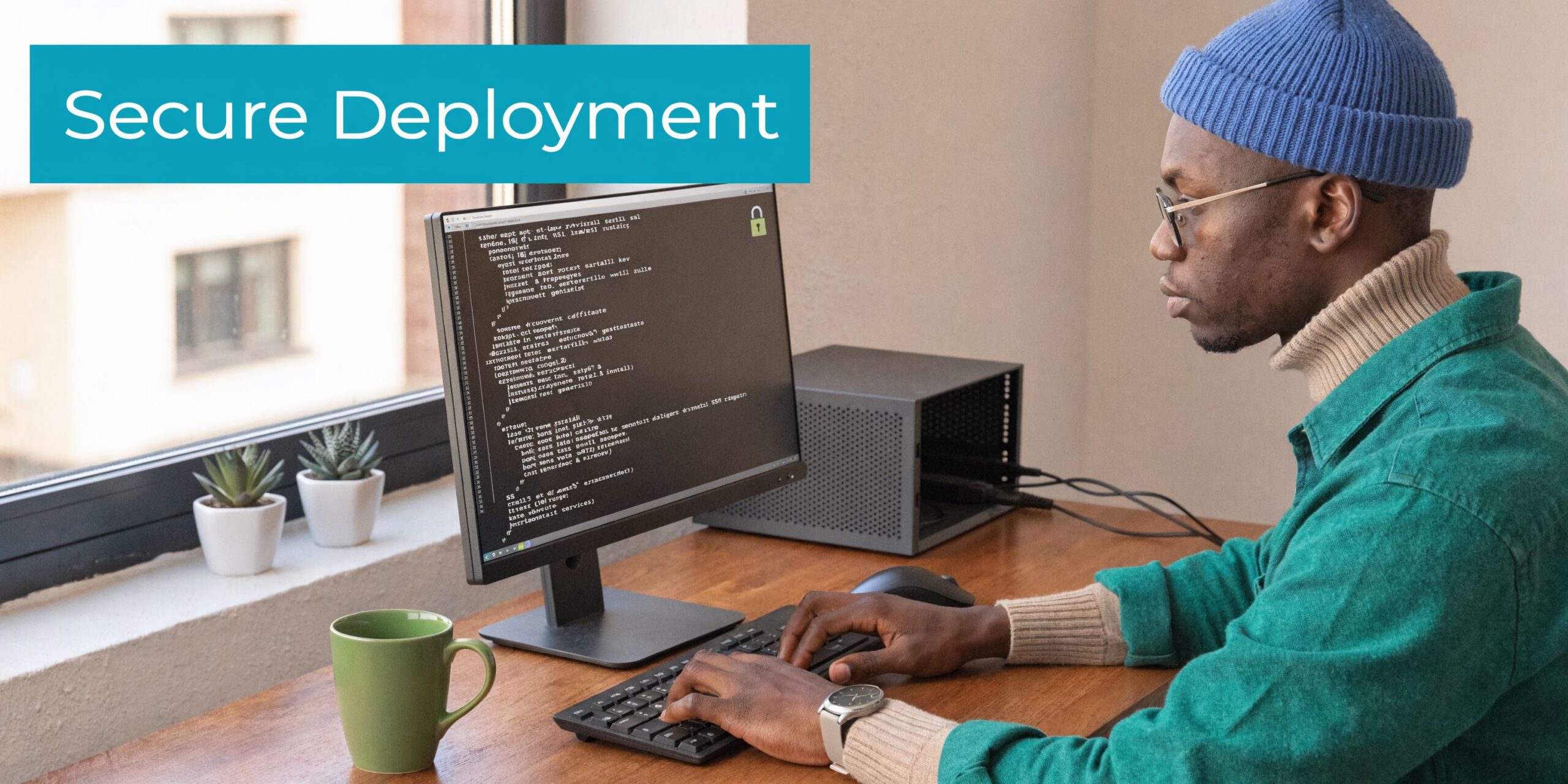 A professional developer in a blue beanie coding on a desktop computer for affordable dedicated server hosting.