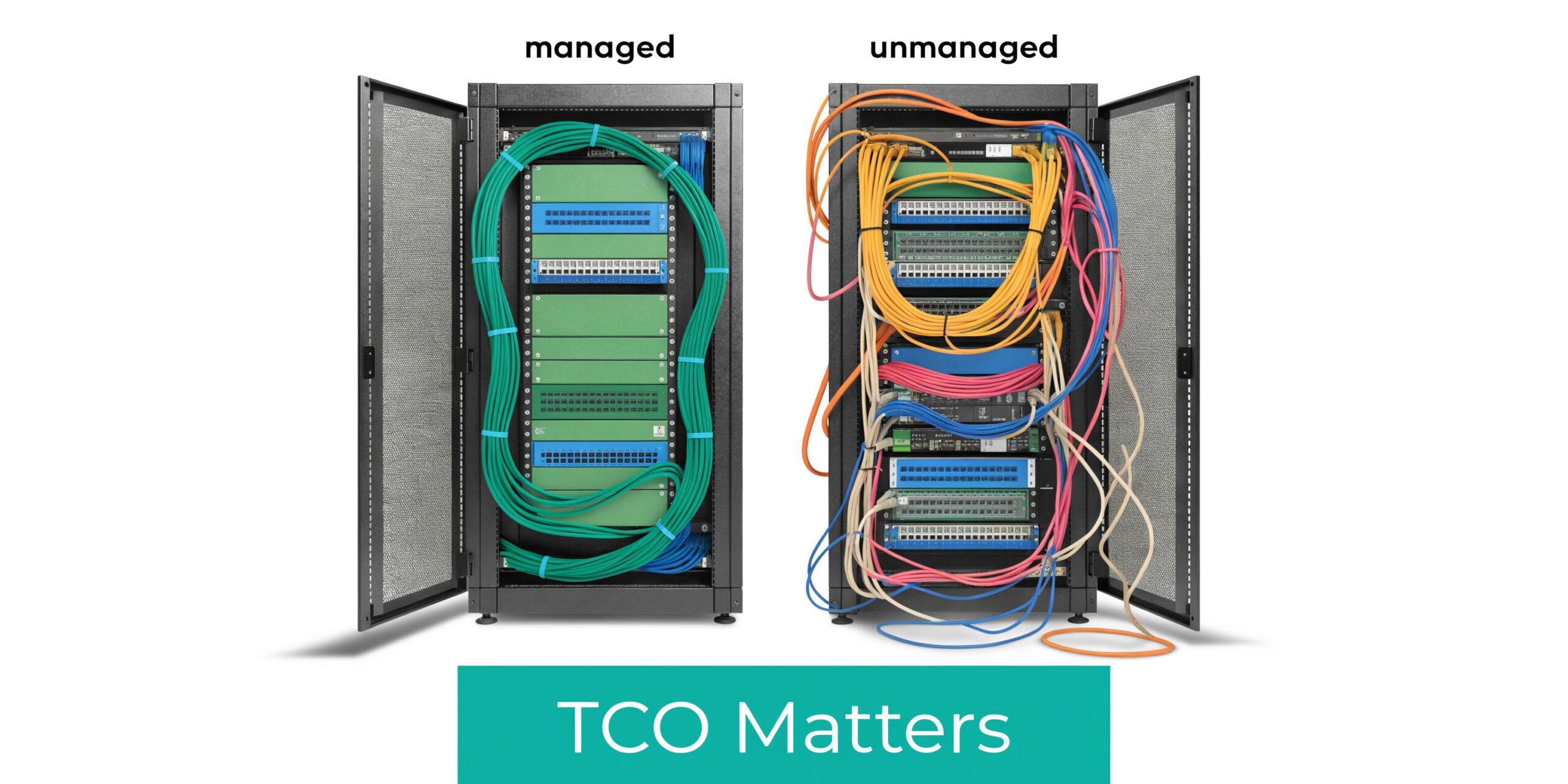 A comparison showing an organized managed server rack next to a messy unmanaged server rack installation.