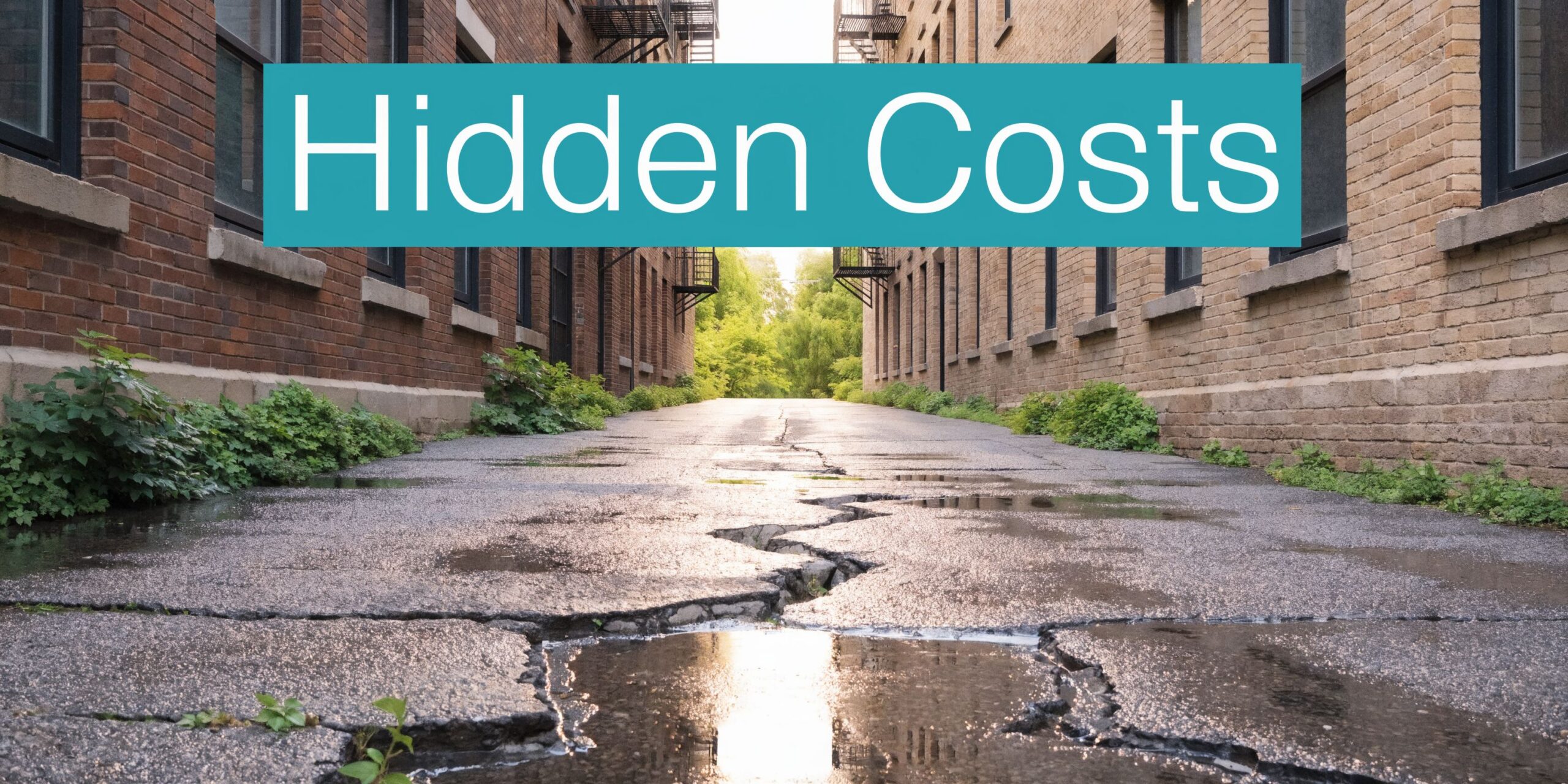 A cracked, wet alleyway between two brick buildings representing hidden costs for small business owners.