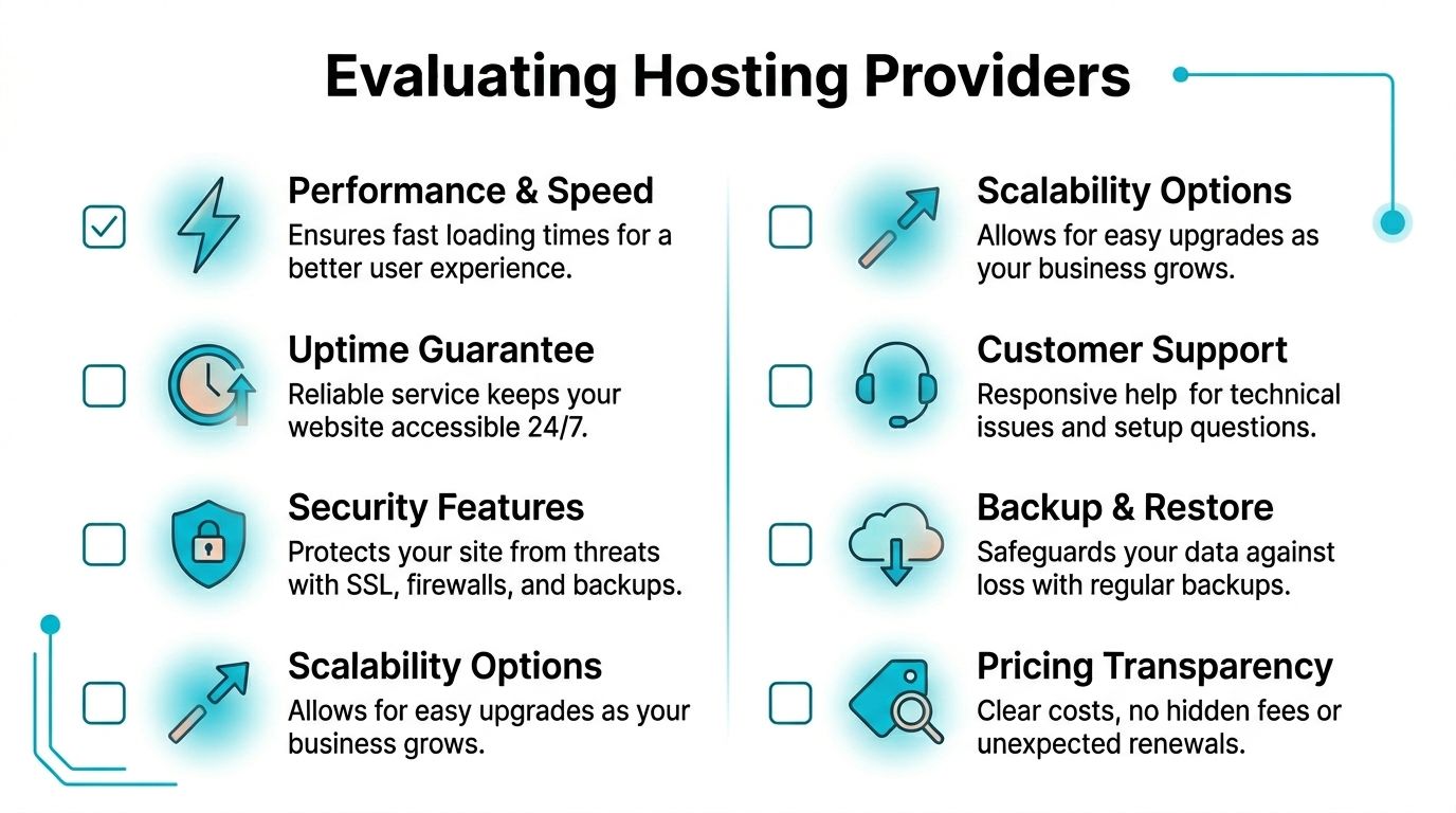 A checklist infographic titled Evaluating Hosting Providers showing key features for choosing a website host.