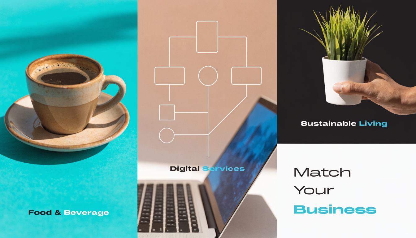 A collage showing coffee for food and beverage, a laptop for digital services, and a plant for sustainable living.