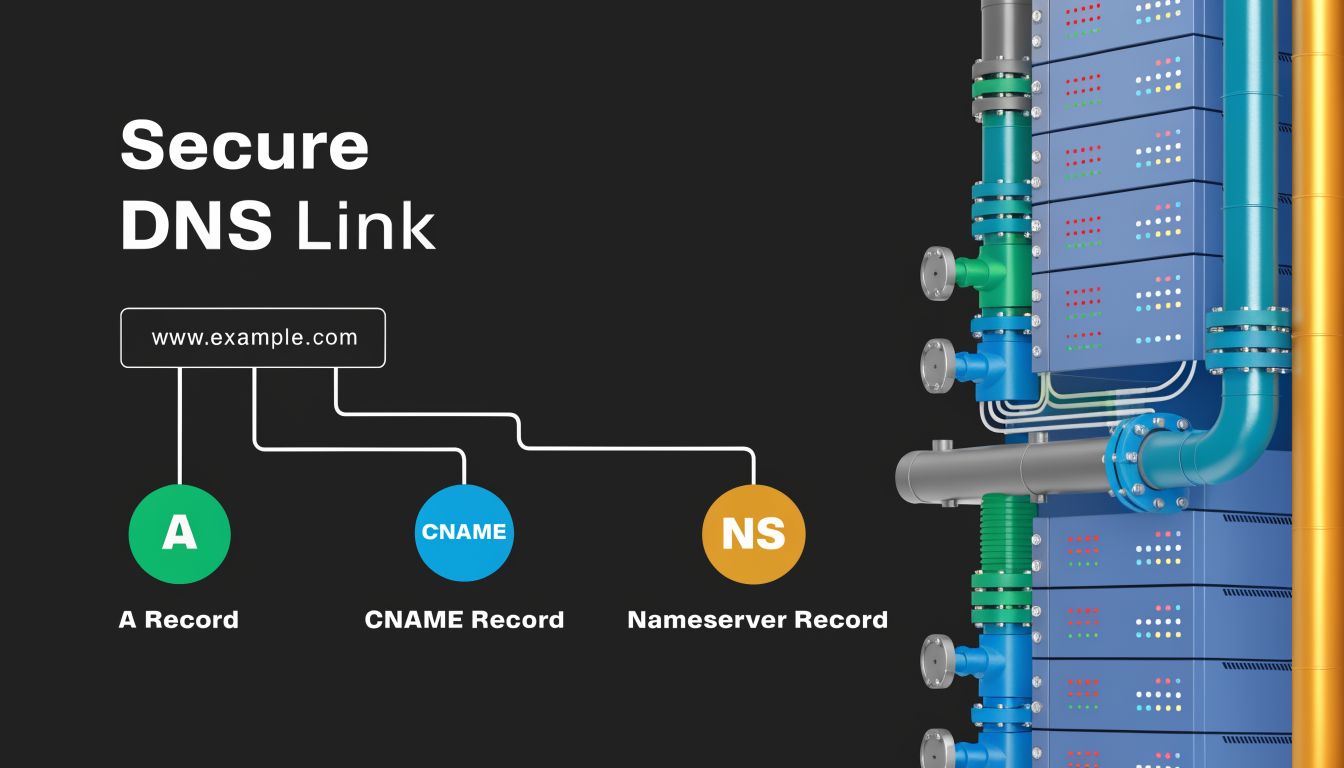 A diagram illustrating DNS records including A, CNAME, and Nameserver records for a secure web link.