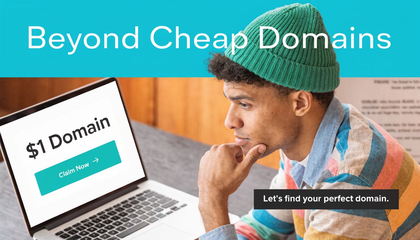 A young man looking thoughtfully at a laptop screen advertising a one dollar domain registration deal.