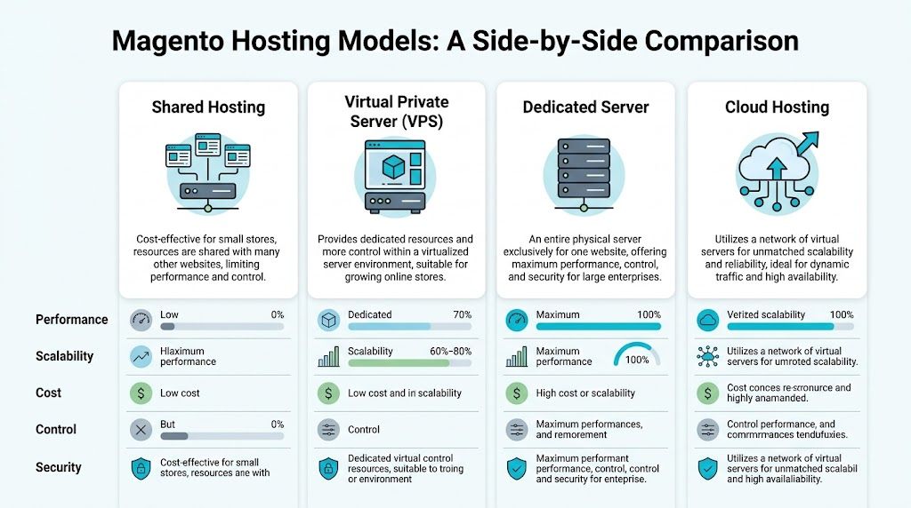 A comparison chart showing features like performance, scalability, cost, and control for Magento hosting models.