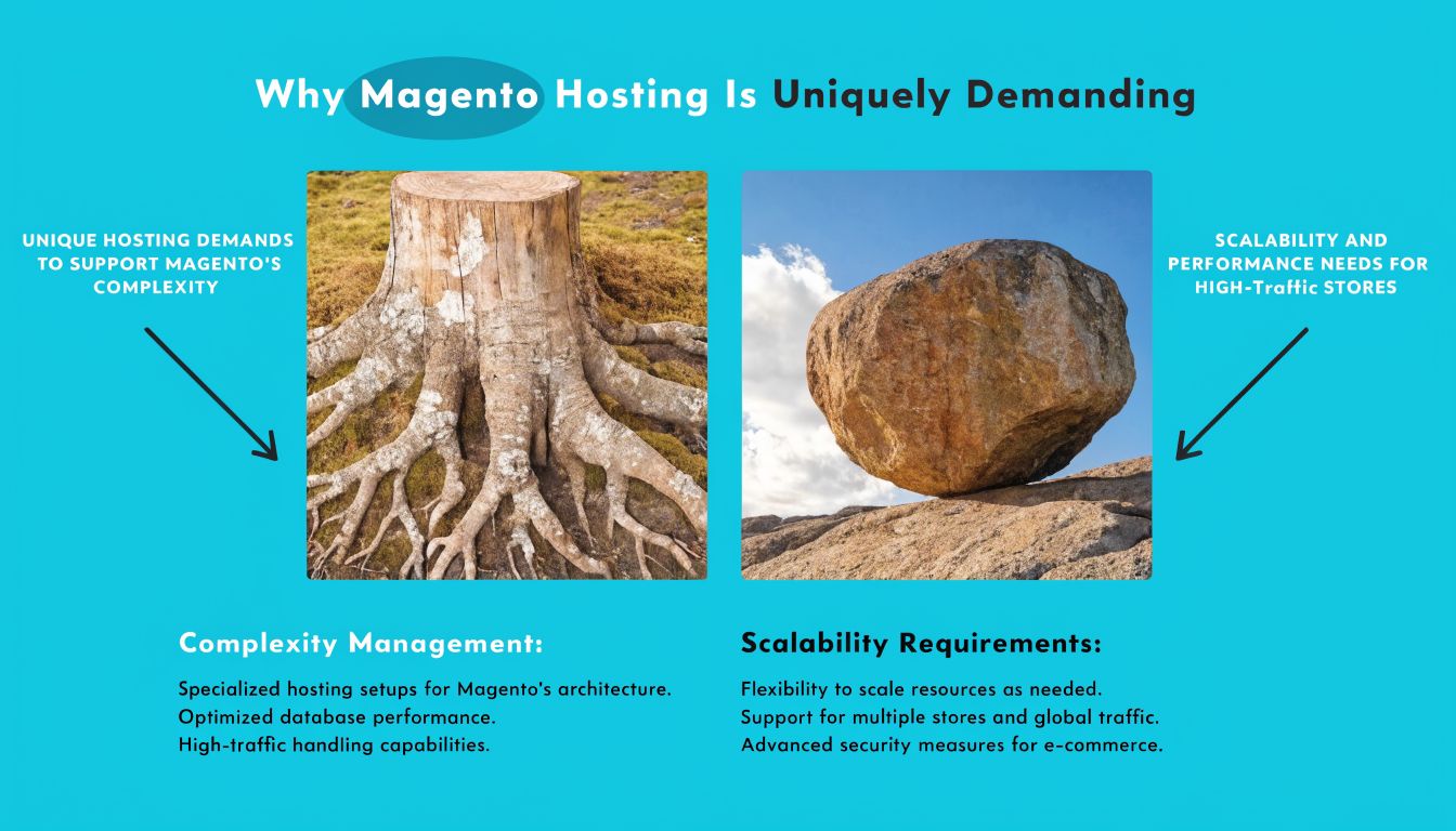 A visual comparison infographic explaining the complexity and scalability requirements for successful Magento e-commerce website hosting.