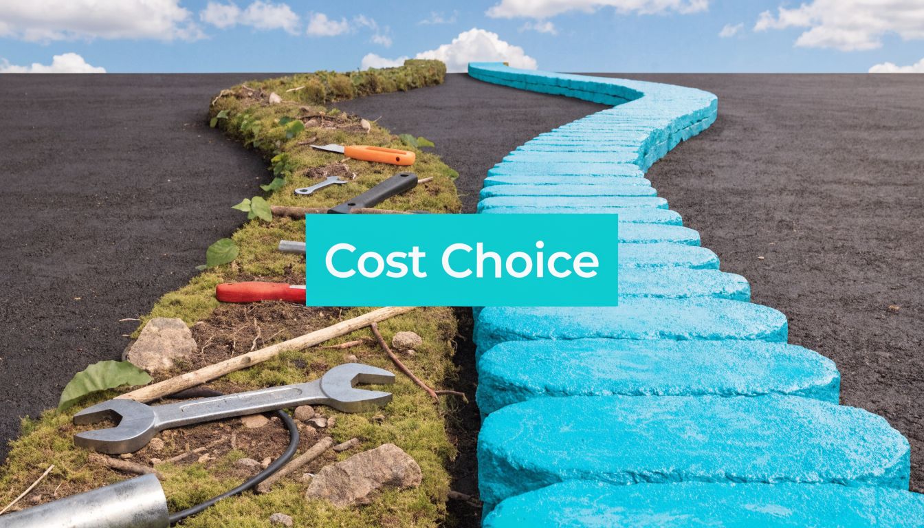 A conceptual path showing a choice between a rugged natural path with tools and a paved blue walkway.