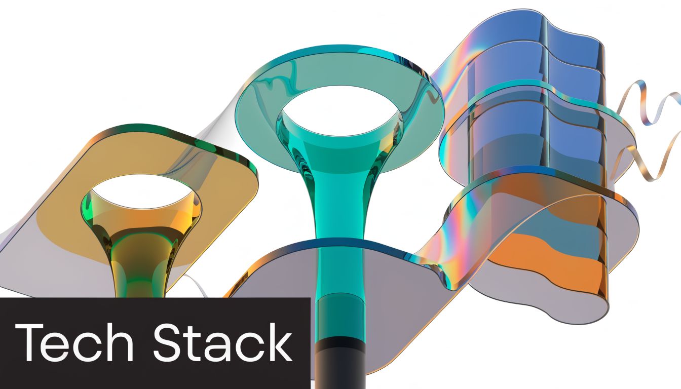 An abstract 3D render with colorful glassy shapes and metallic ribbons representing a conceptual technology stack.
