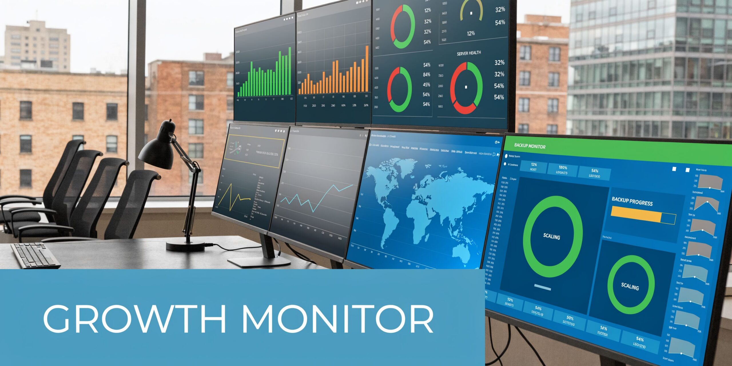 A professional office workstation displaying multiple computer screens with data dashboards, charts, and system monitoring software.