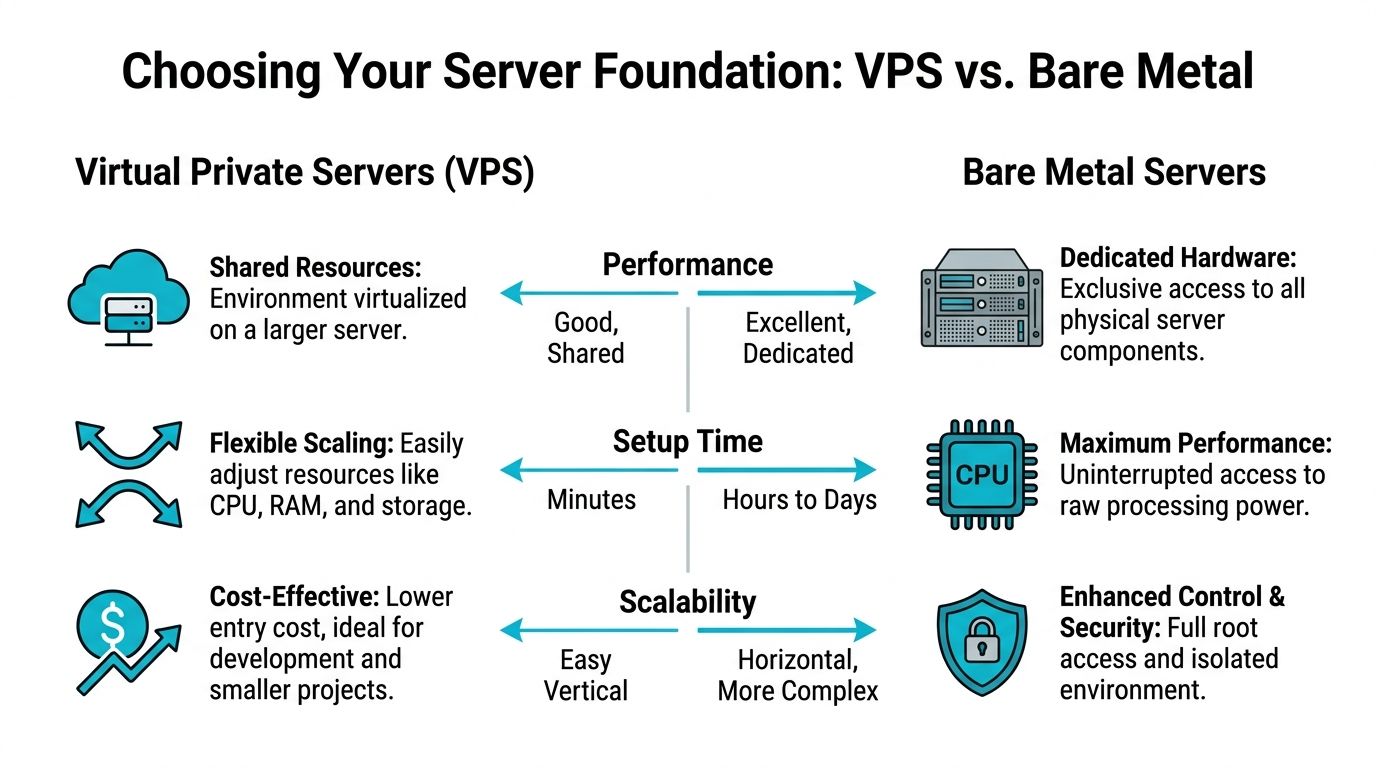 A comparison chart showing the key differences between Virtual Private Servers and Bare Metal Servers for hosting.