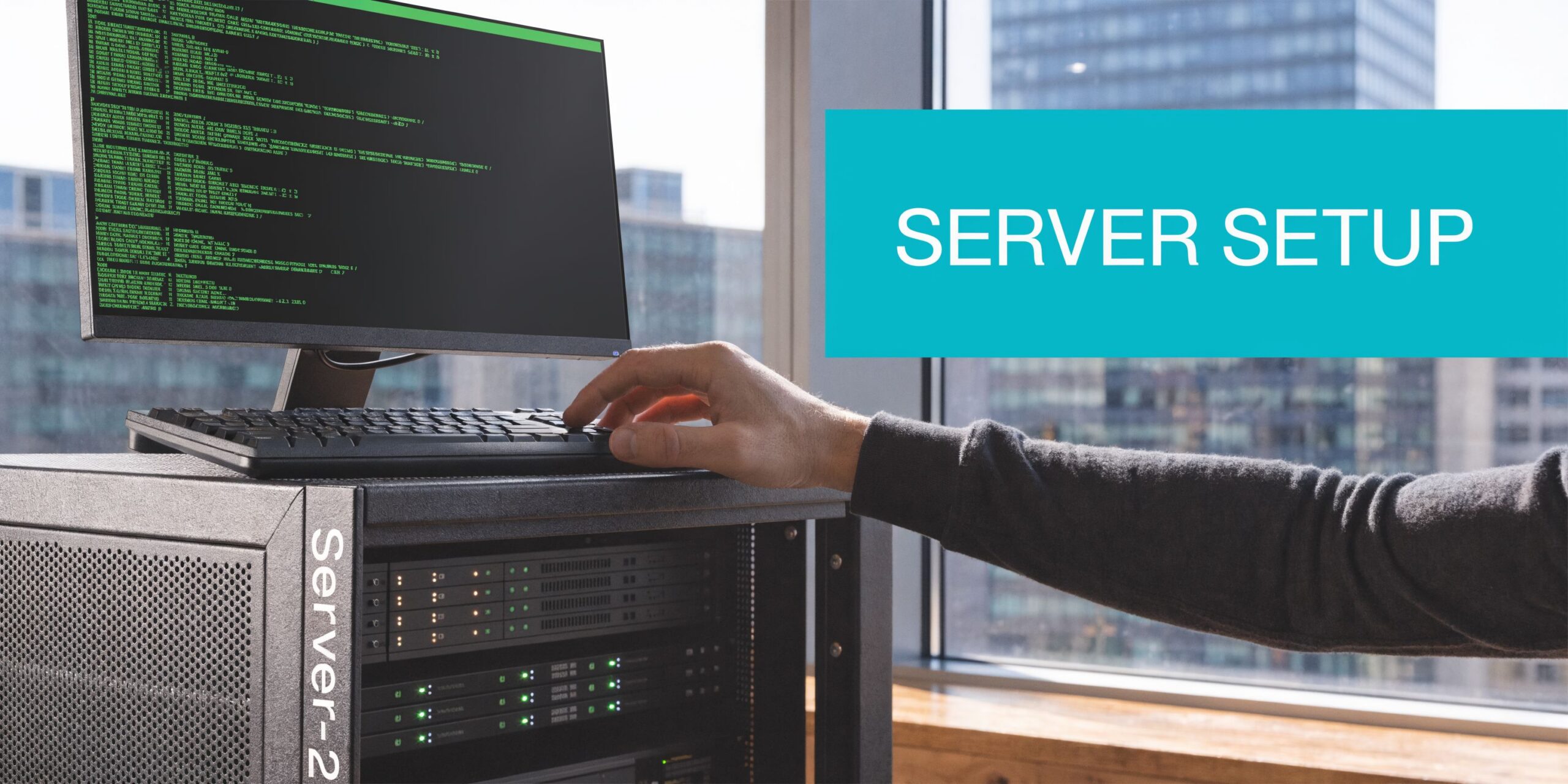 A person setting up a server rack workstation with a monitor displaying computer code in an office.
