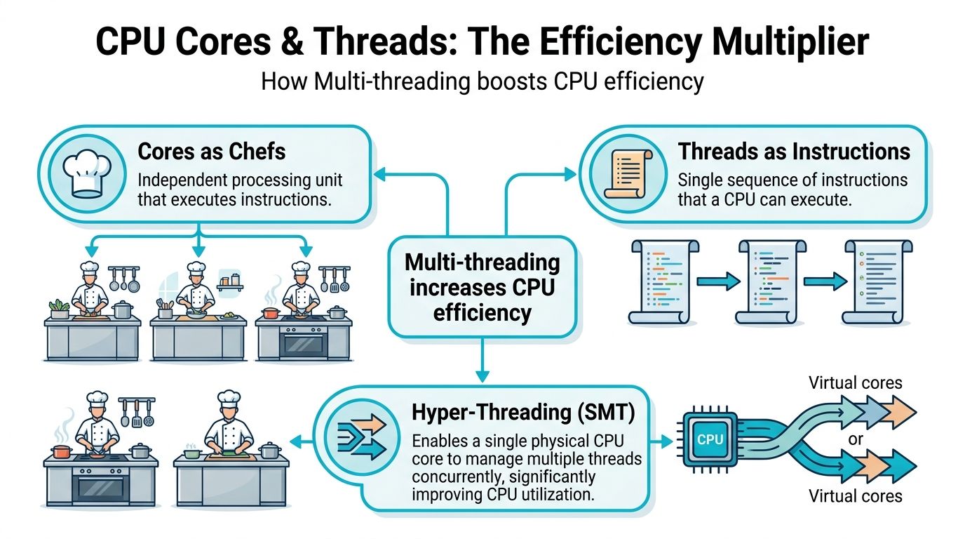 An infographic explaining how CPU cores and threads improve computer processor efficiency through hyper-threading technology.