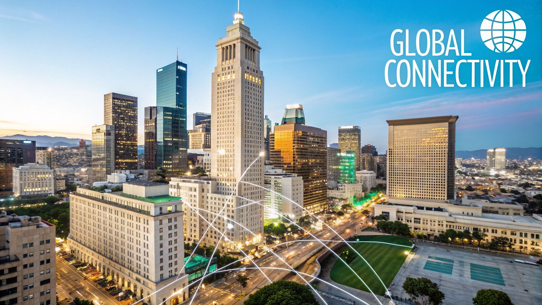 Aerial view of a vibrant city skyline at dusk with glowing data connectivity lines connecting buildings.