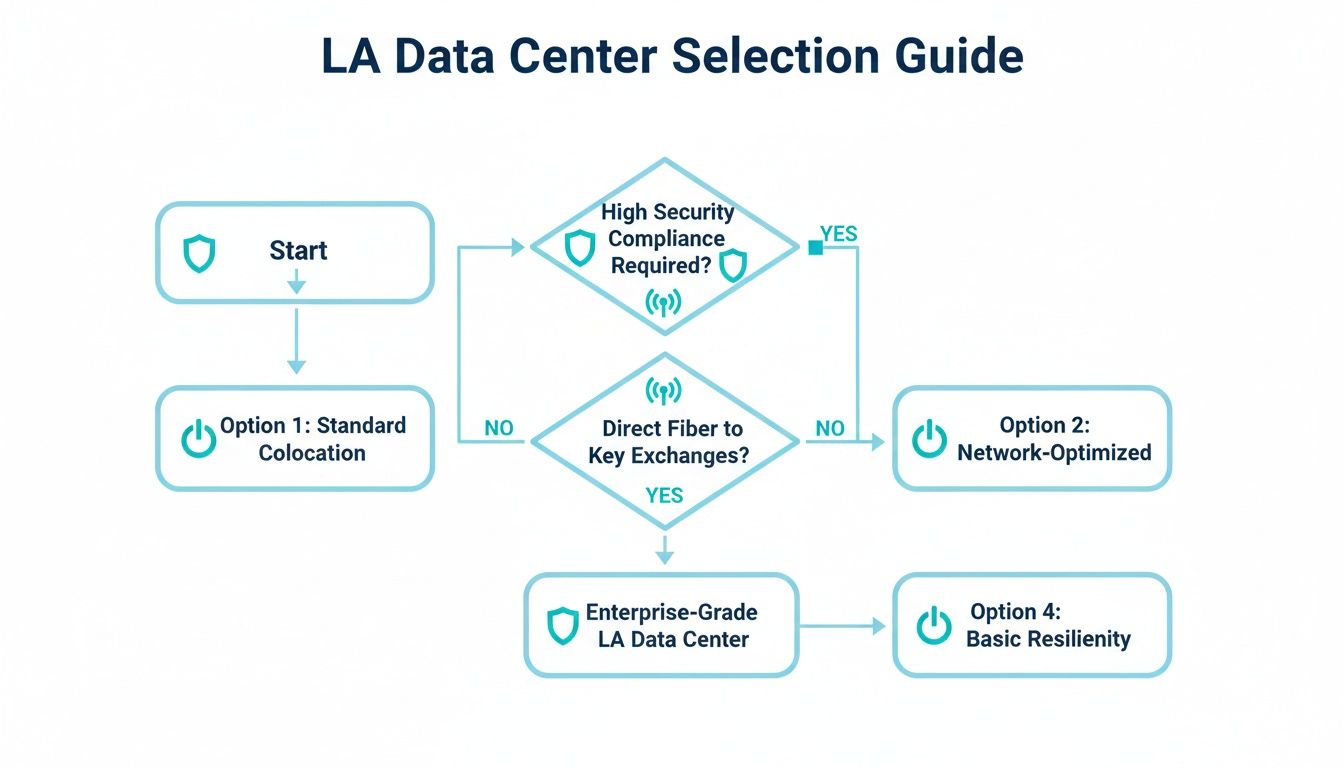 A flowchart guiding the selection of LA data center options based on security, compliance, and direct fiber needs.