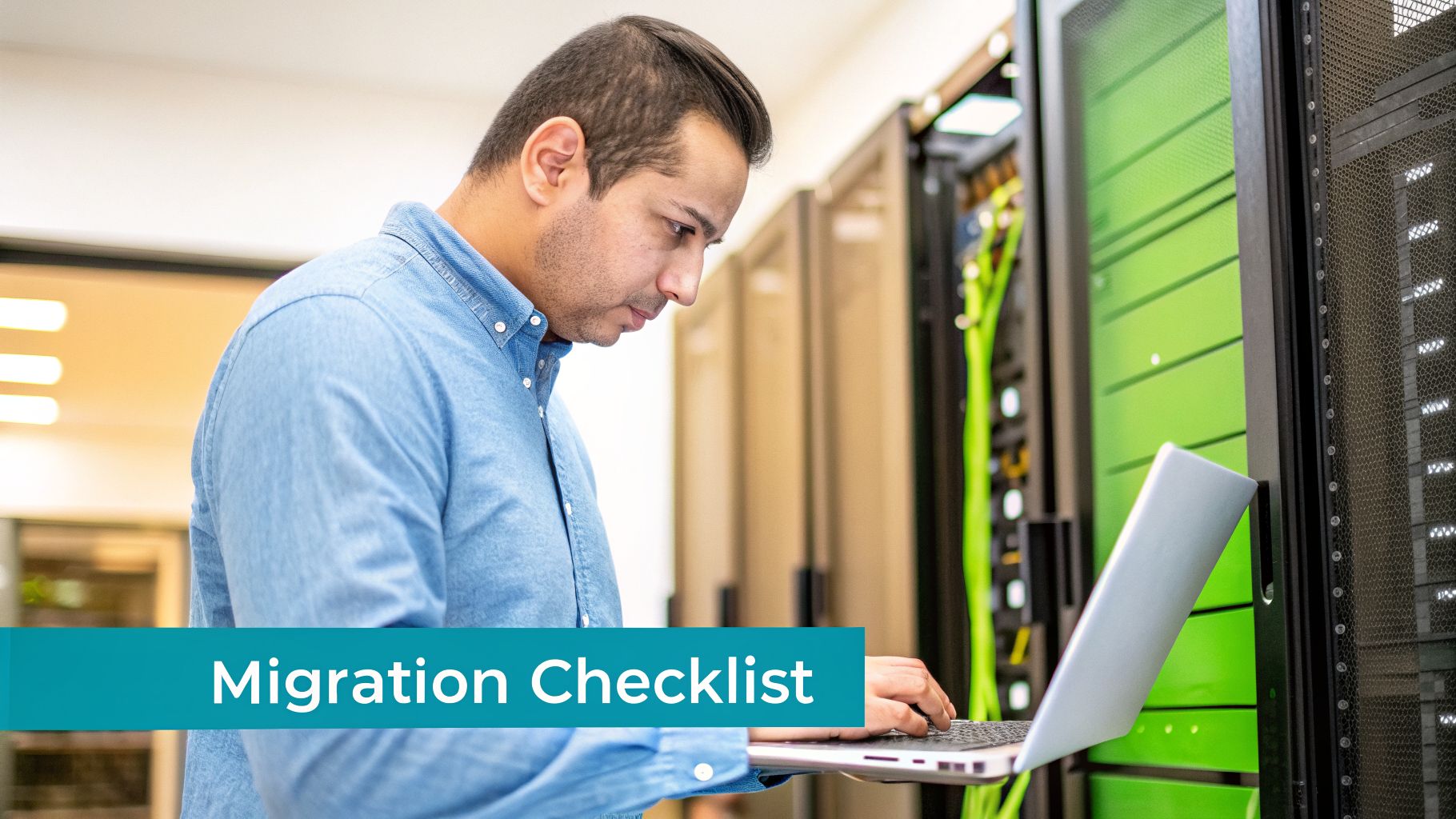 Man using a laptop in a data center with server racks, focused on a migration checklist.