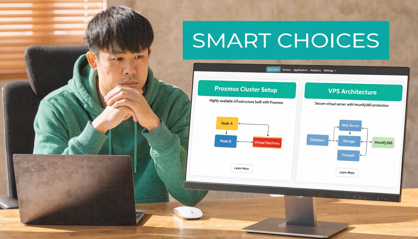 A man in a green hoodie looking at a computer screen displaying server and VPS architecture diagrams.