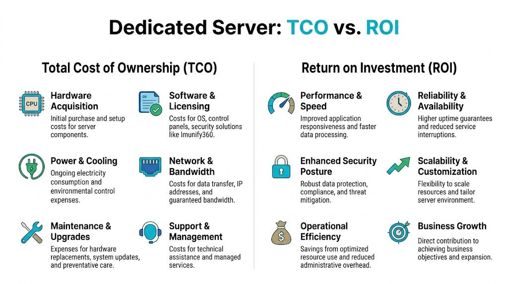 A comparison chart showing factors of Total Cost of Ownership versus Return on Investment for dedicated servers.