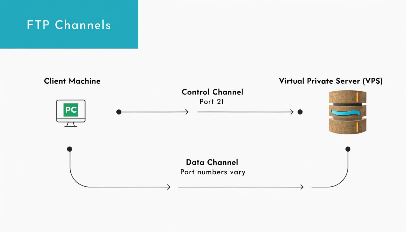 A diagram illustrating FTP architecture showing the control channel on port 21 and the variable data channel.