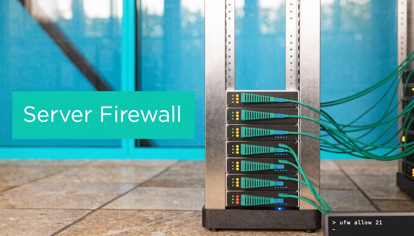 A server rack with connected cables and a terminal prompt showing the command ufw allow 21.
