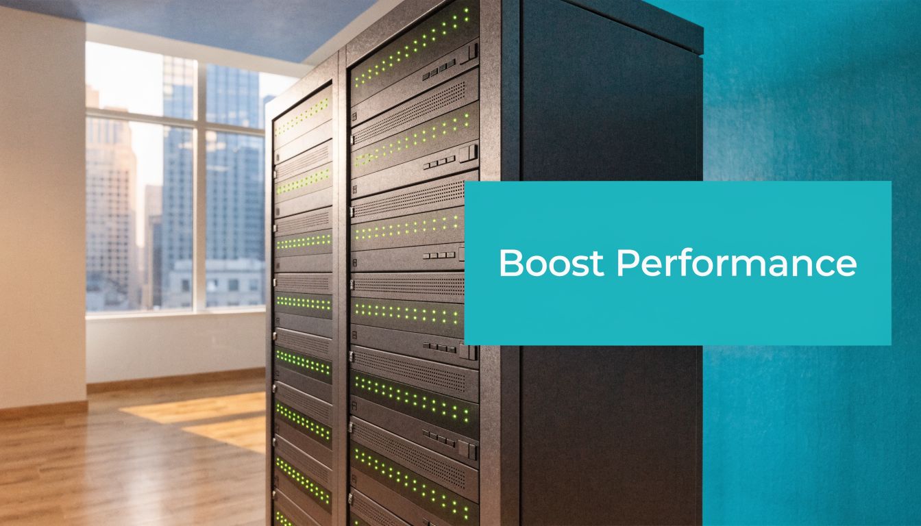 A server rack in a modern office room with the text Boost Performance overlayed on screen.