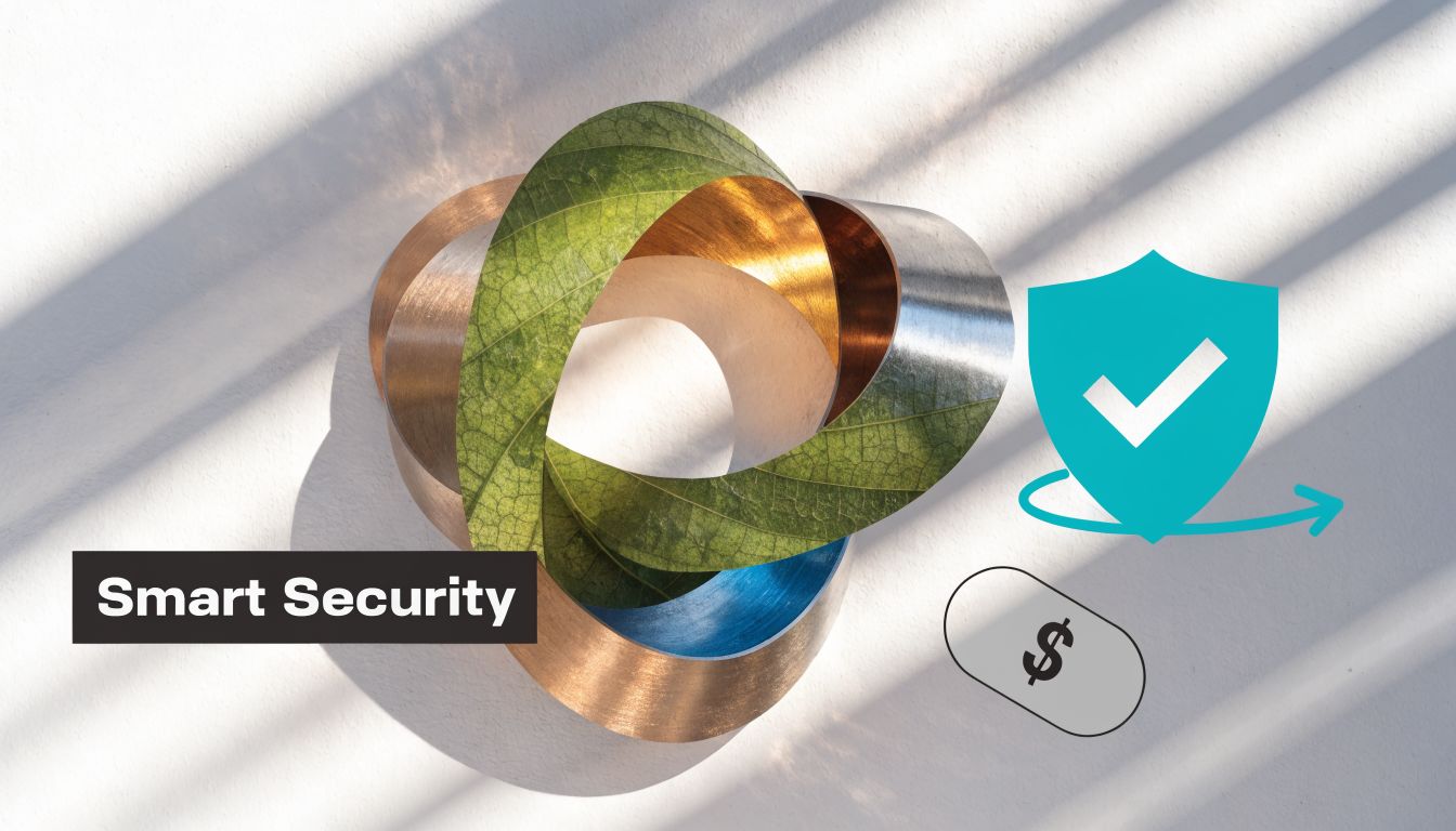 A conceptual graphic displaying Smart Security, featuring a stylized Mobius strip, a shield icon, and a dollar sign.