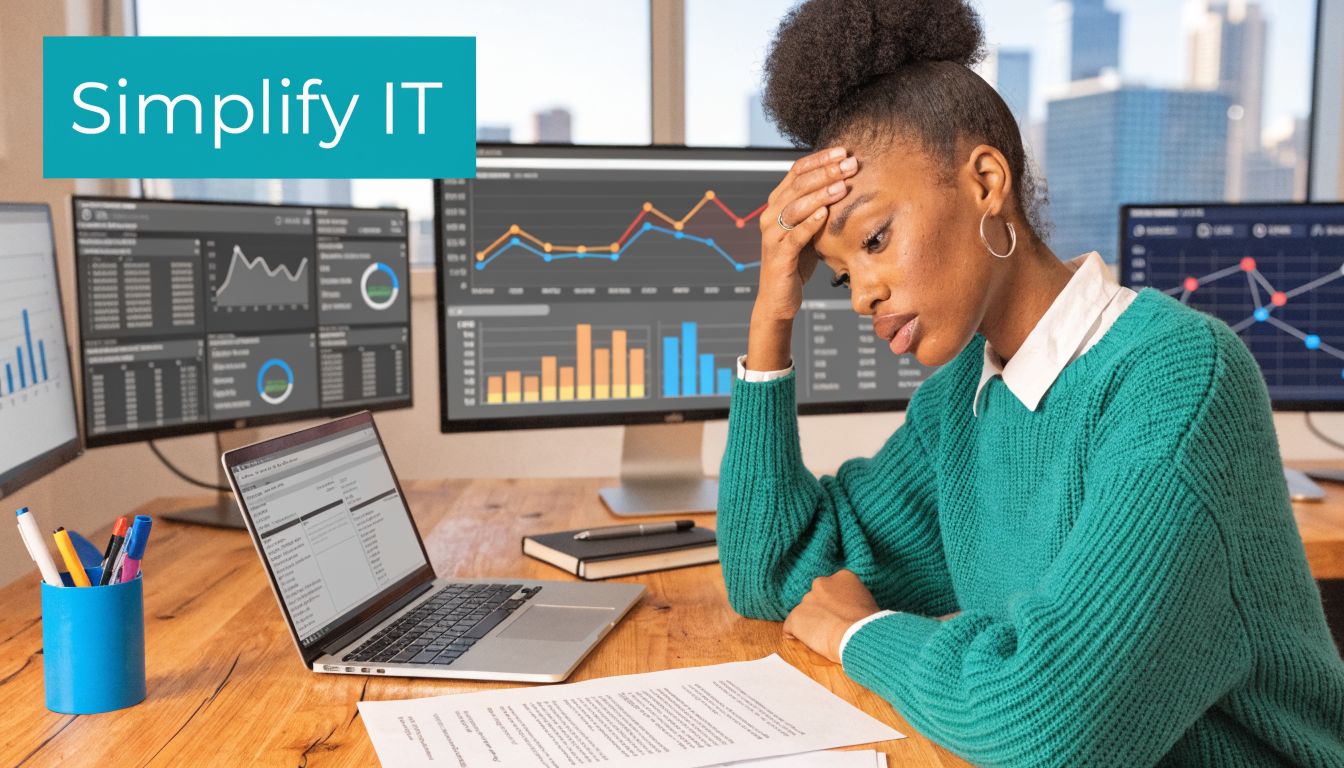 A stressed woman sitting at her desk with multiple computer screens displaying complex data charts and analytics.